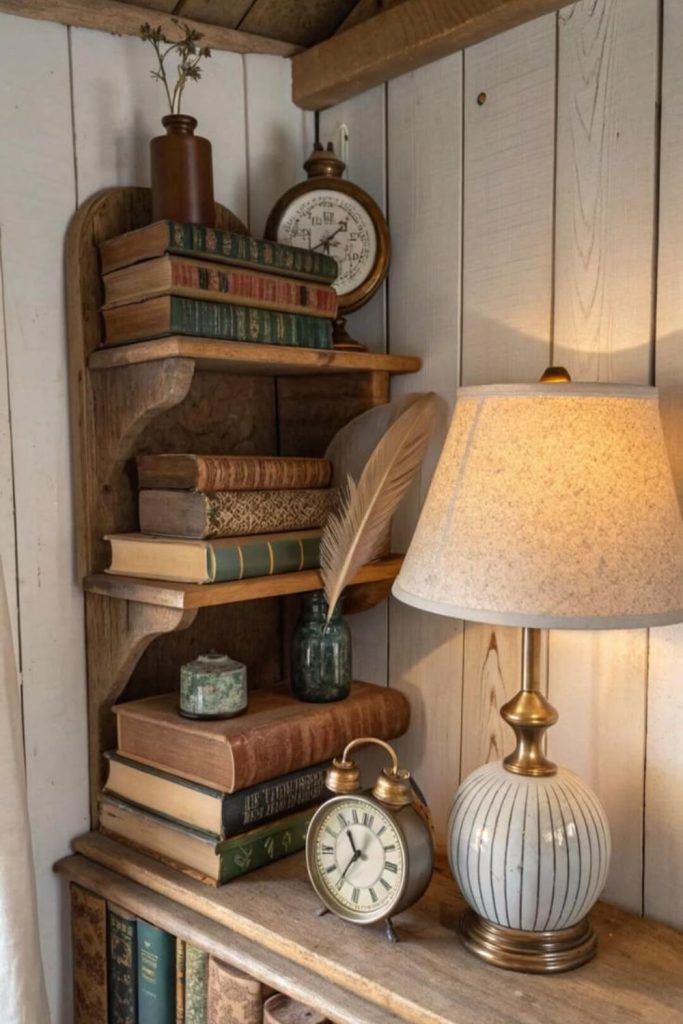 Vintage books and brass shelf styling.