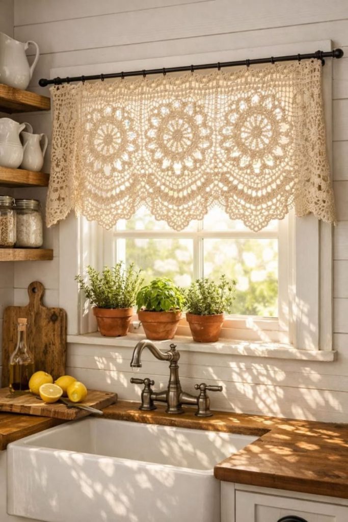 Crochet vintage kitchen curtains delicate handmade look