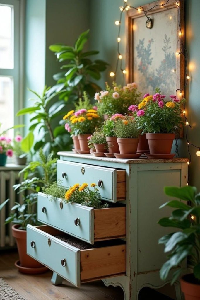 Repurposed drawer floral display shelf