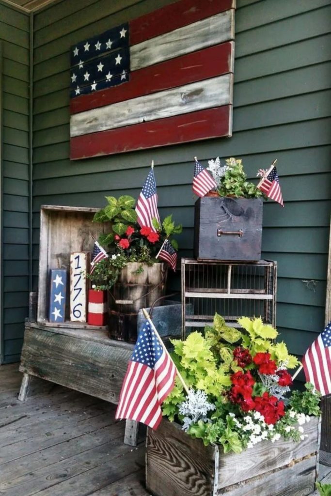 Old flags blending with lush porch greenery