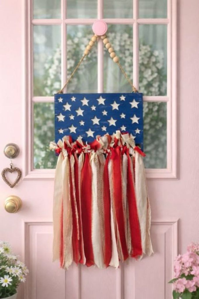 Vintage patchwork American flag door hanger.