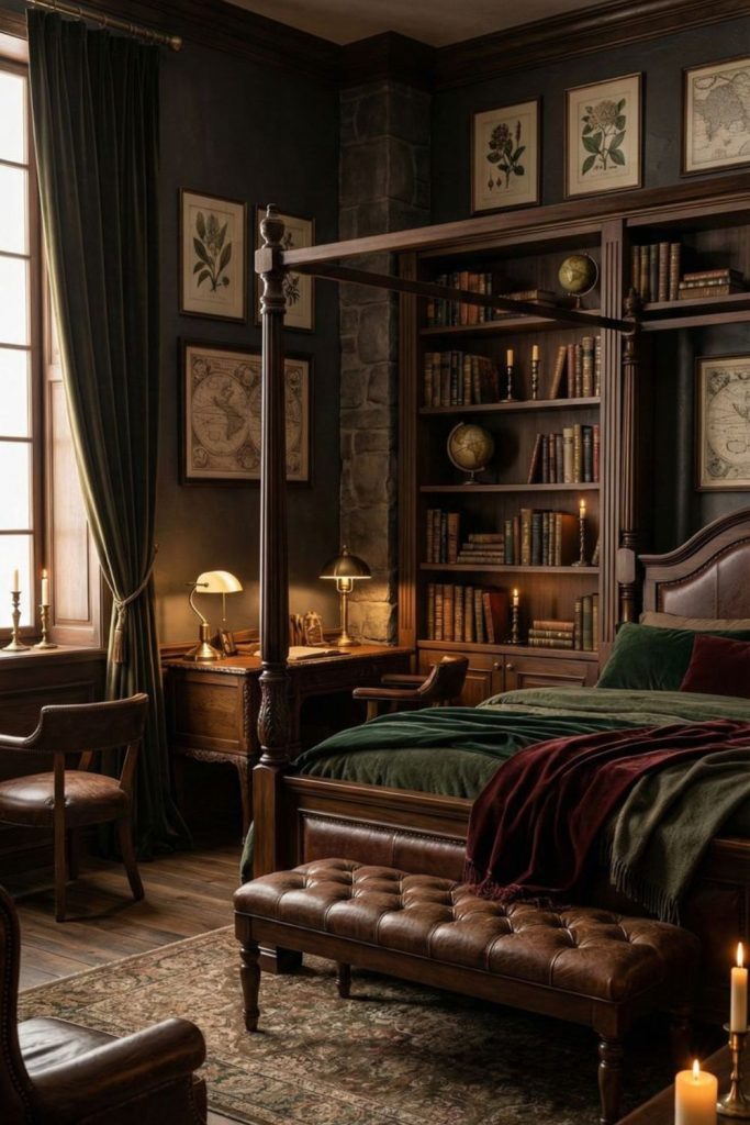 Classic vintage gentleman-inspired bedroom interior.