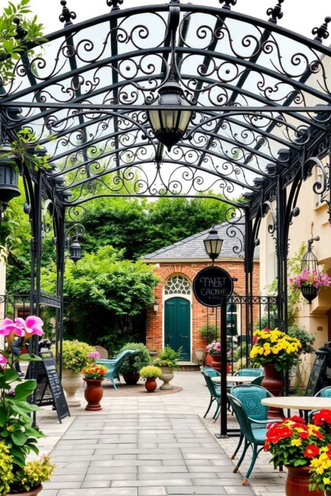Vintage iron pergola romantic courtyard setting