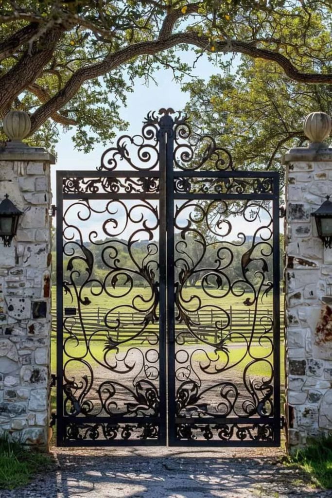 Ornate iron scroll vintage farm gate