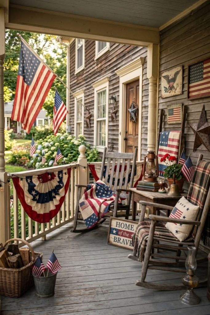 Vintage military porch with olive tones helmets and patriotic heritage display