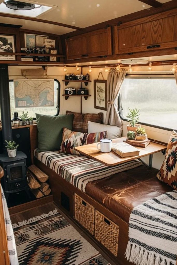 Vintage camper interior with retro charm.
