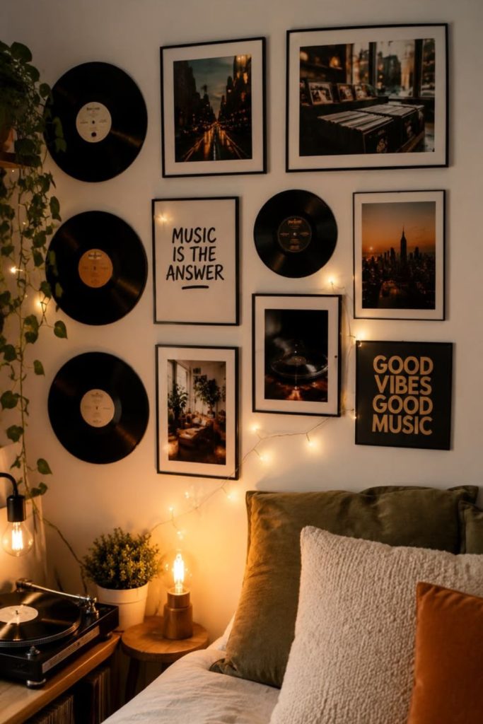 Vintage vinyl-inspired dorm with retro accents.