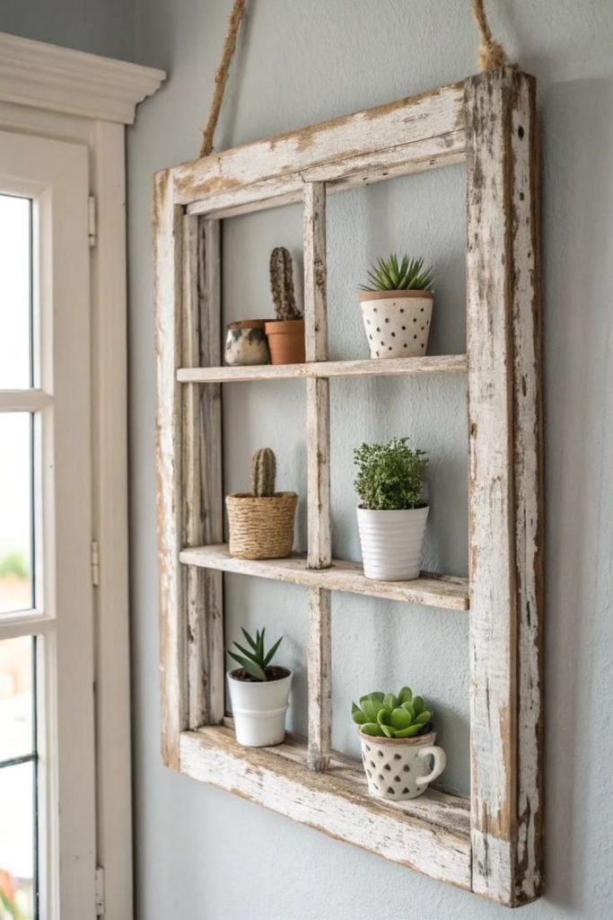 Upcycled window frame plant shelf decor