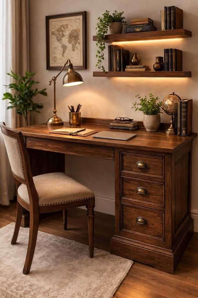Vintage writing-inspired cozy dorm desk.