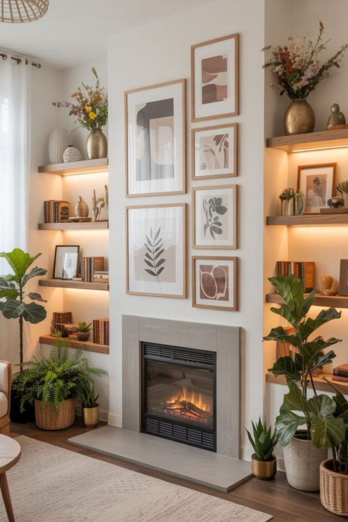 Gallery-style living room with artwork.