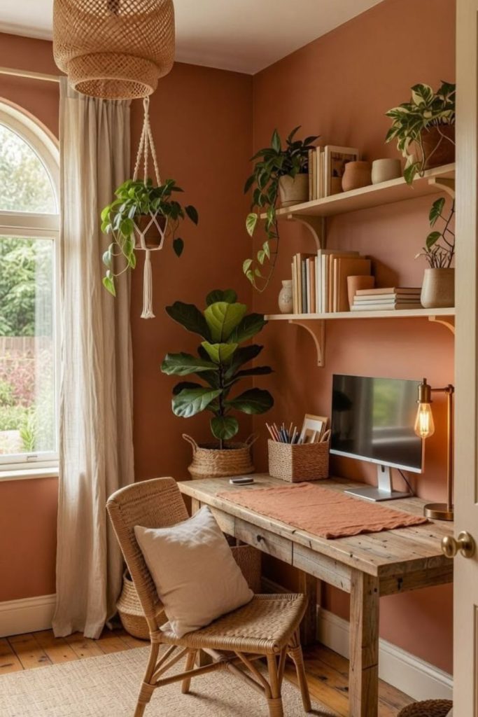 Terracotta warm-toned dorm desk aesthetic.