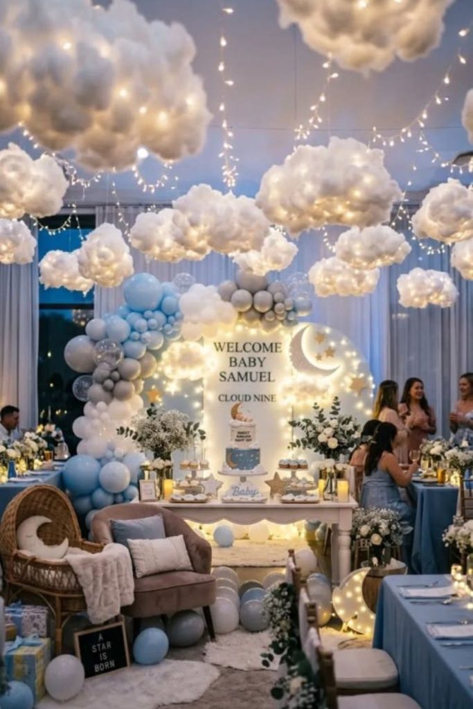 Dreamy cloud-themed baby shower decor setup.
