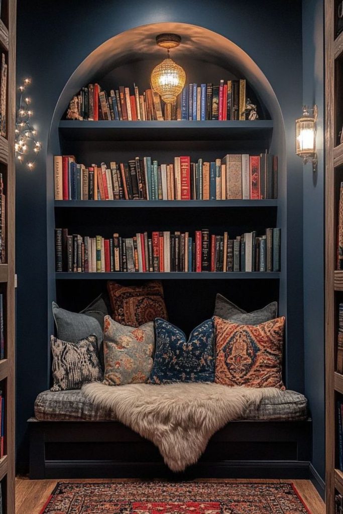 Moonlit library with velvet reading chair.