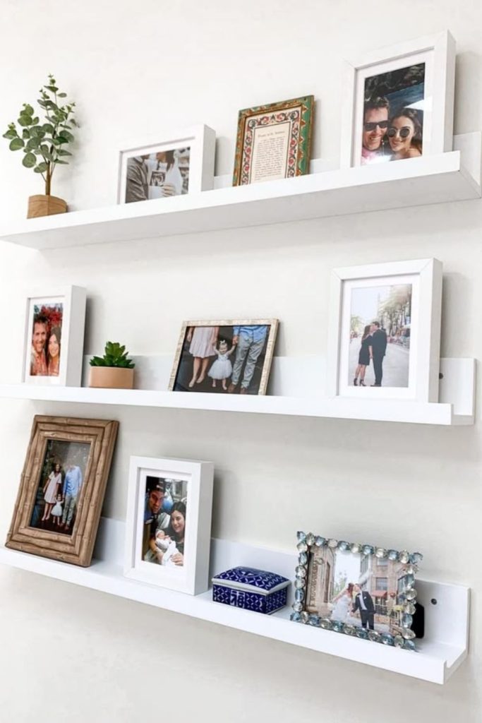 White minimalist ledge shelf styling.