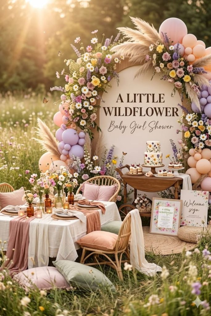 Wildflower picnic baby shower outdoor setup.