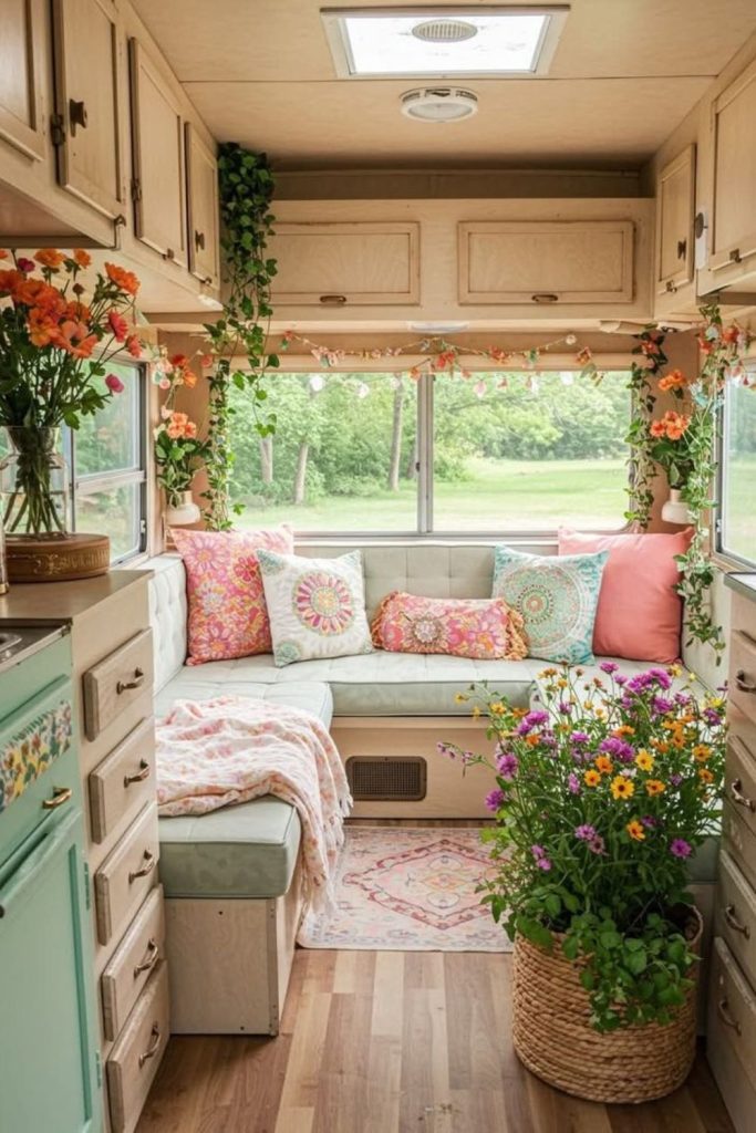 Wildflower-inspired camper with colorful textiles.