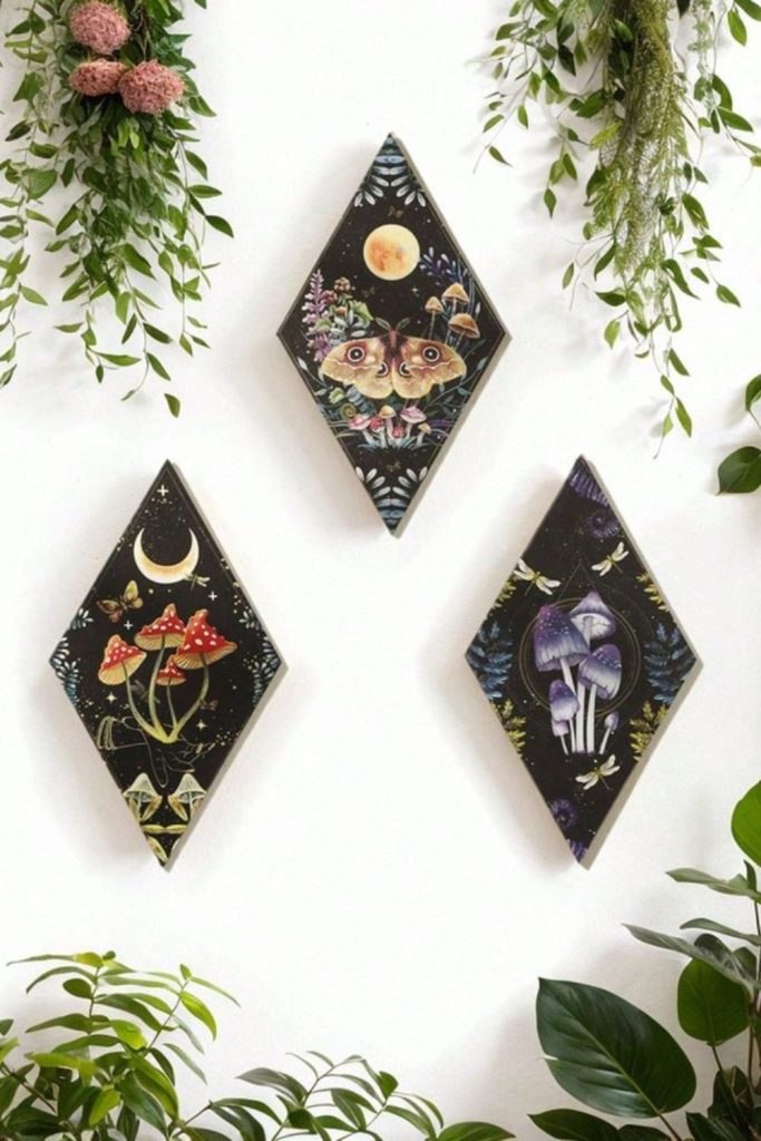 Framed mystical botanicals with vintage charm.