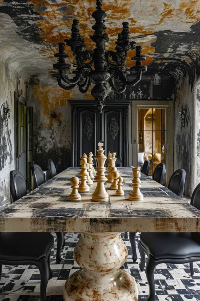 Wonderland chess parlor with quirky furnishings.