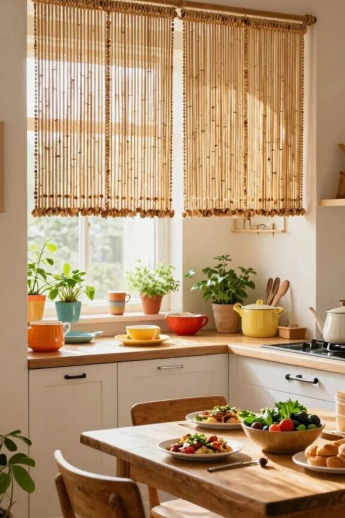 Wooden bead kitchen curtain panels earthy design
