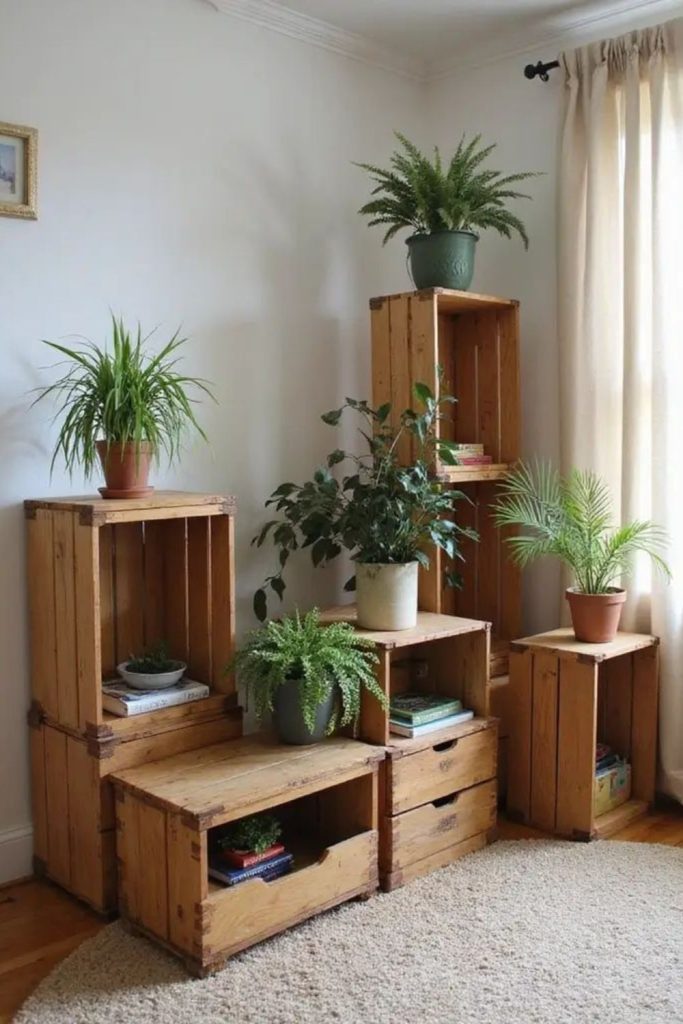 Modular wooden cube plant storage display