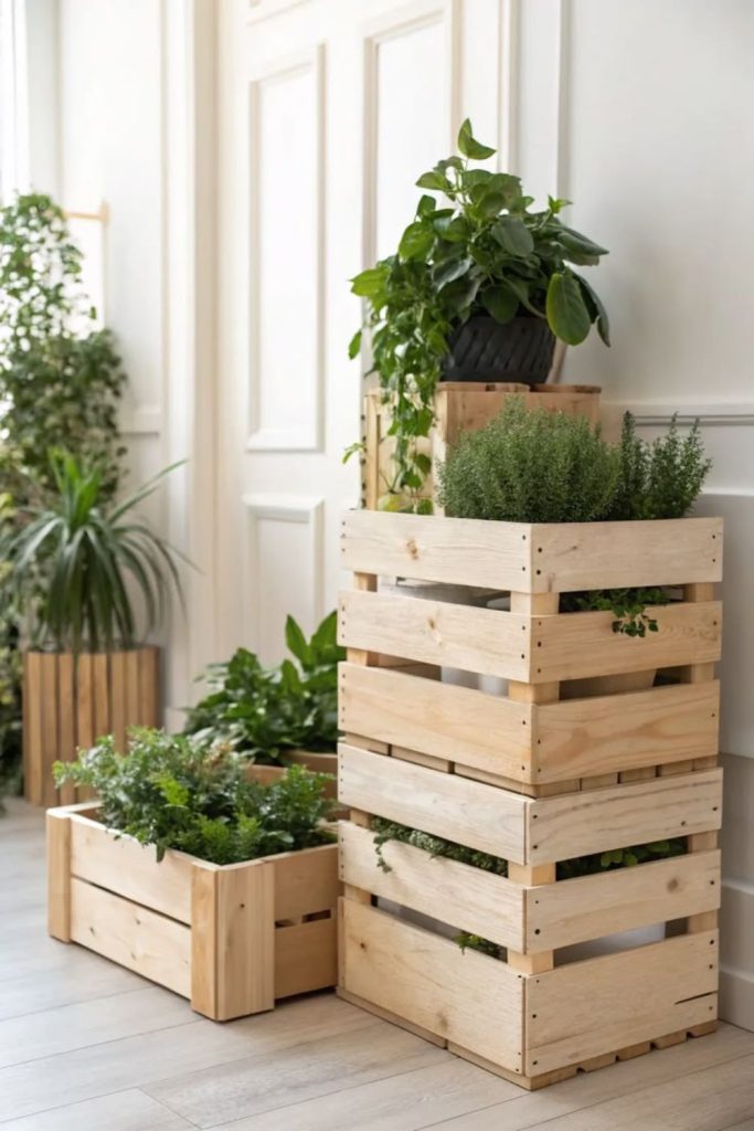 Stacked wooden cube plant tower.