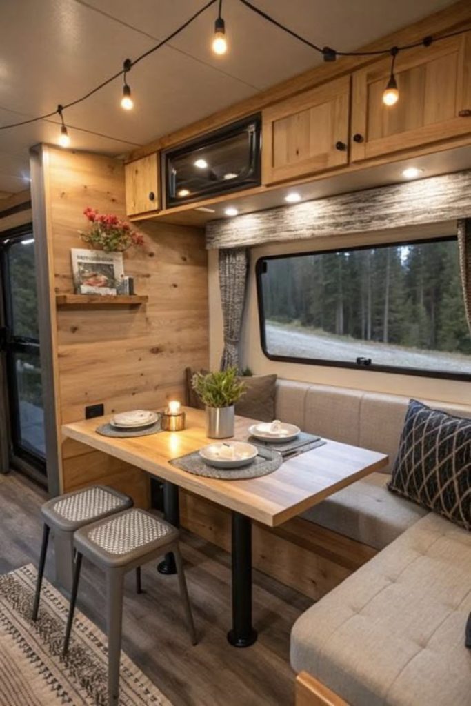 Cozy woodland camper interior with sage accents.