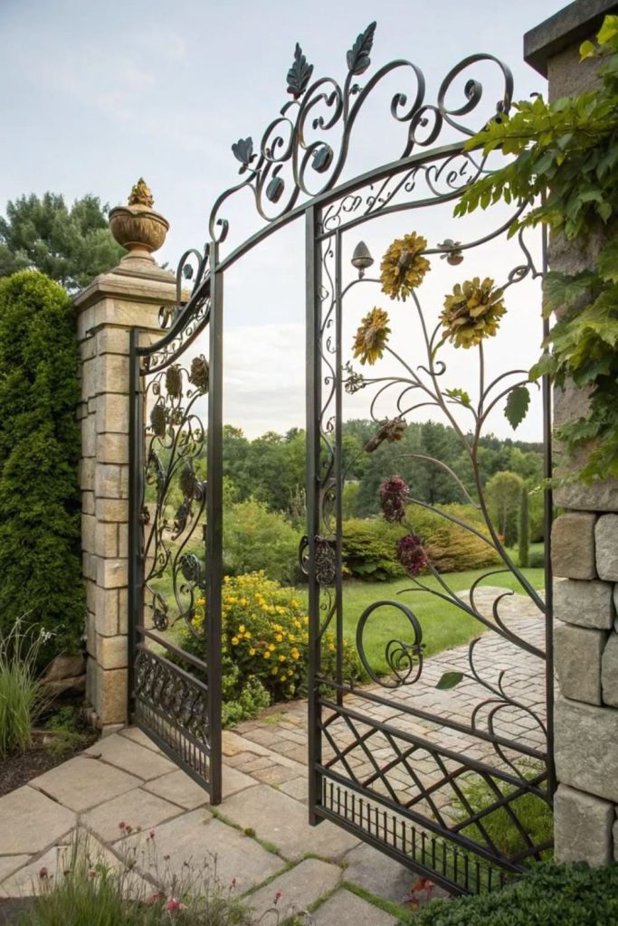 Floral wrought iron countryside gate design