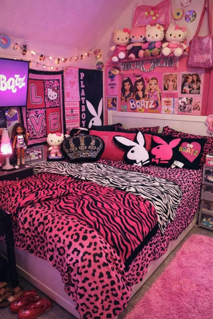 Eclectic Y2K bedroom with mixed decor.