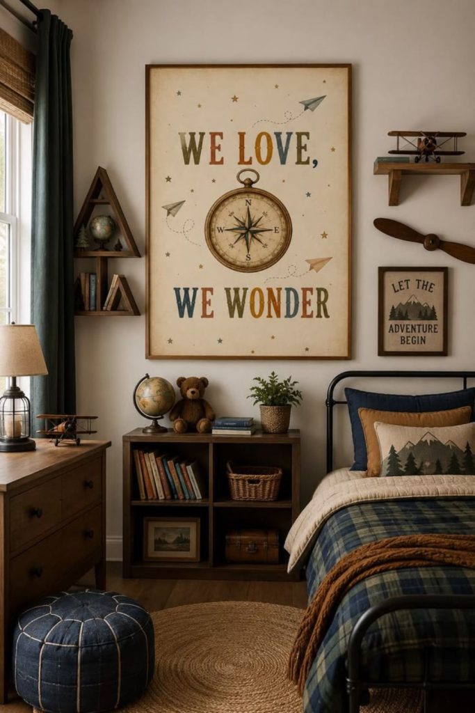 Adventure-themed bedroom with travel-inspired decor.
