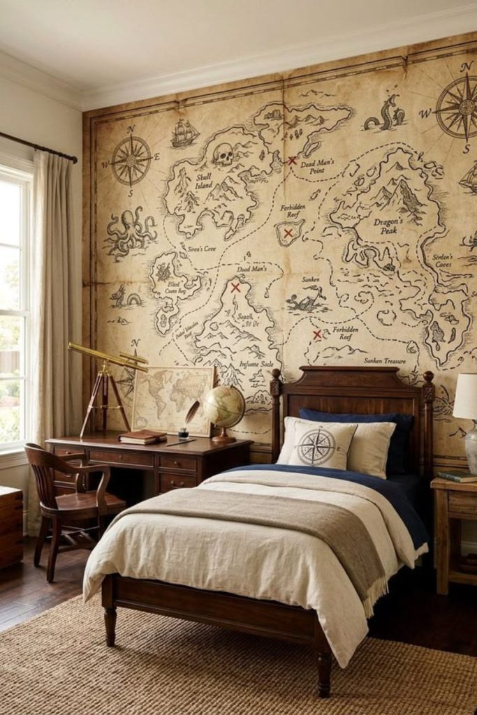 Adventure map-themed boys dorm room.