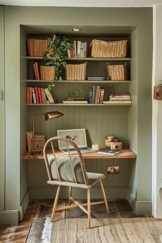Alcove workspace with custom shelving units.