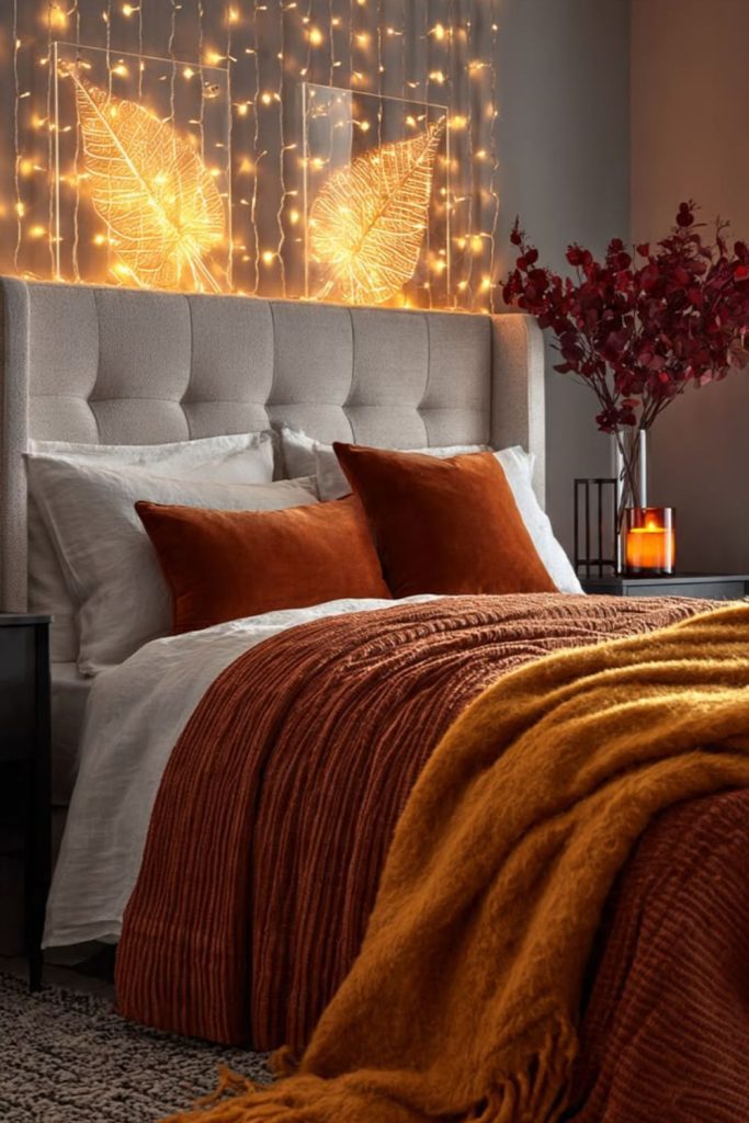 Warm amber fall bedroom decor.