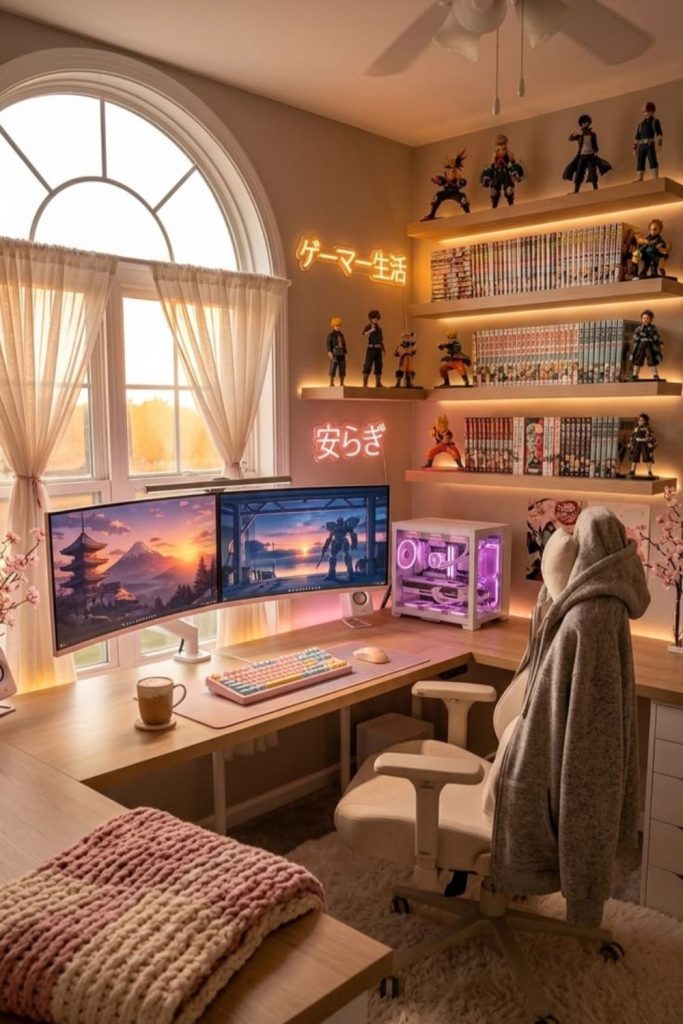Anime display gaming room setup.