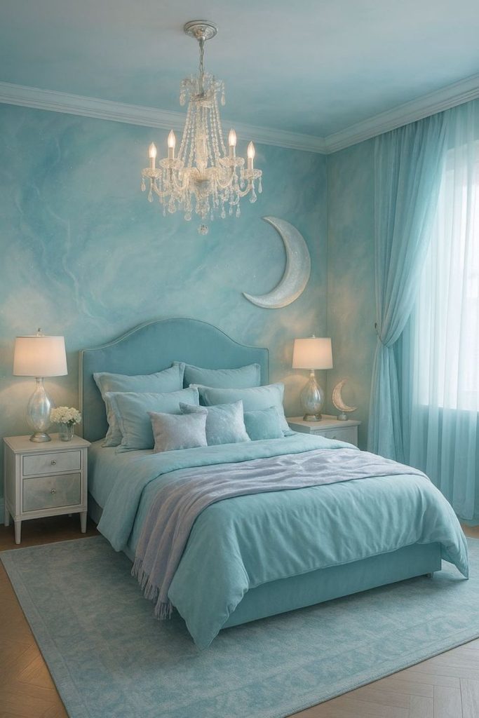 Aqua blue futuristic Y2K bedroom.