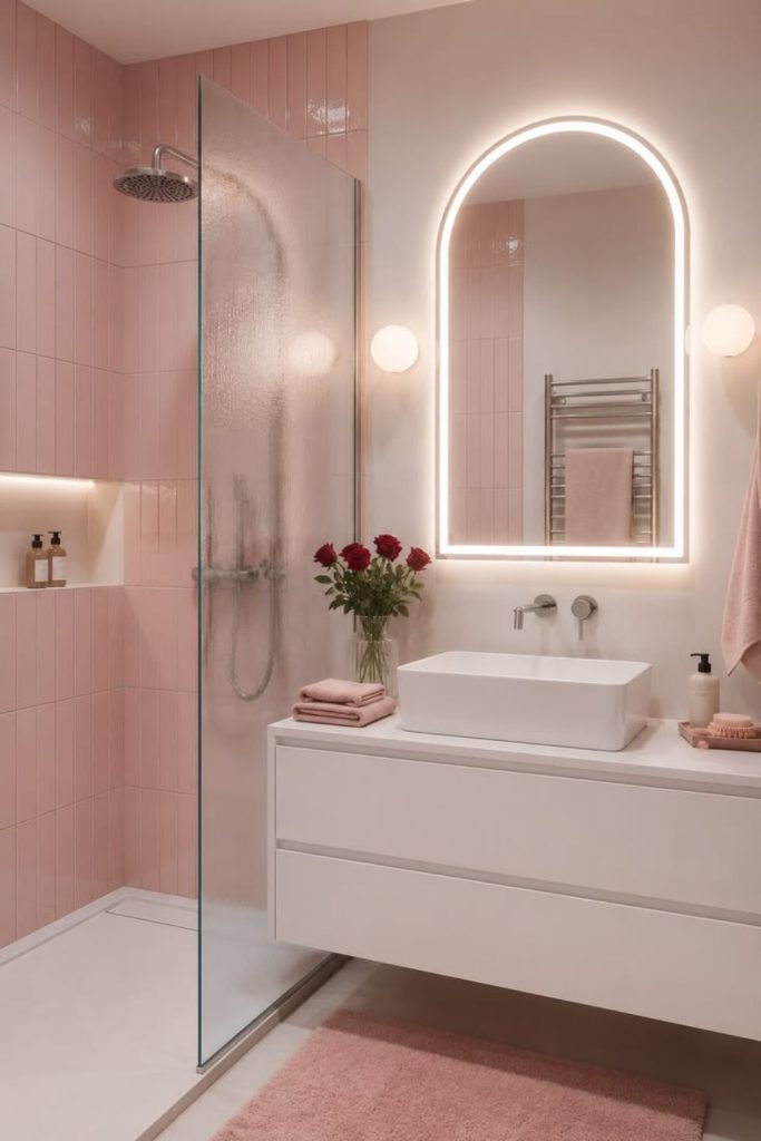 Arched mirror small bathroom accent.
