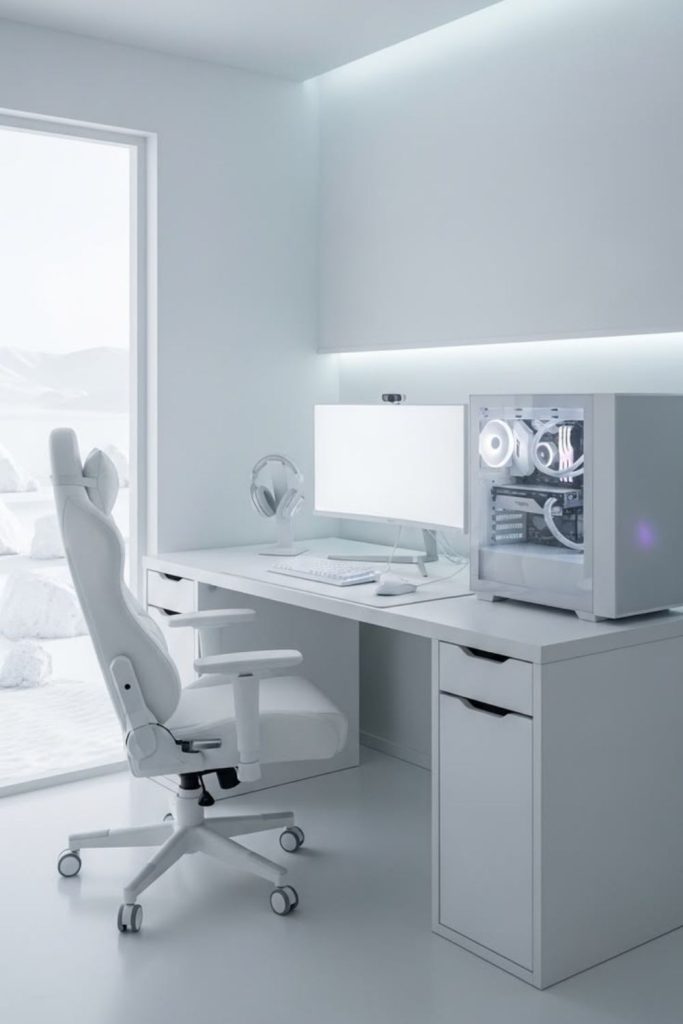 Clean white minimalist gaming workstation.