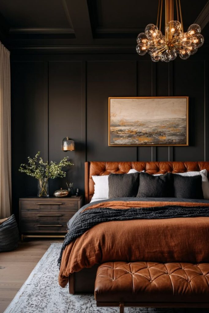 Dramatic black swan inspired bedroom decor.