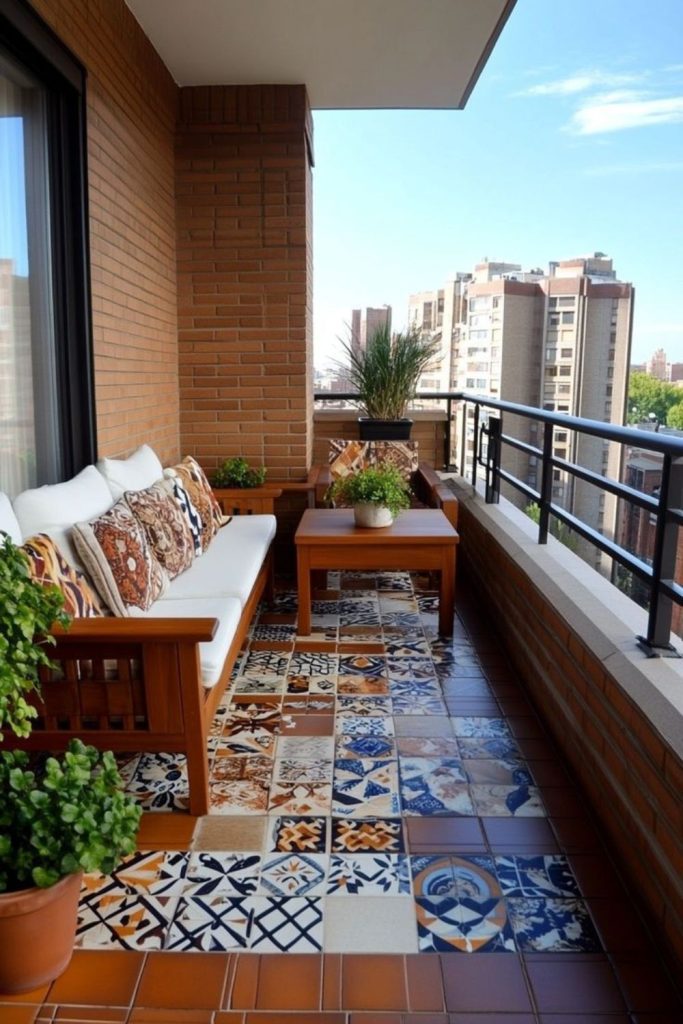 Artistic bedroom balcony with handcrafted decor.