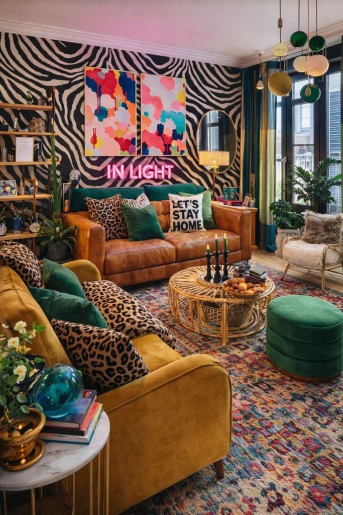 Artistic cheetah gallery inspired living room.
