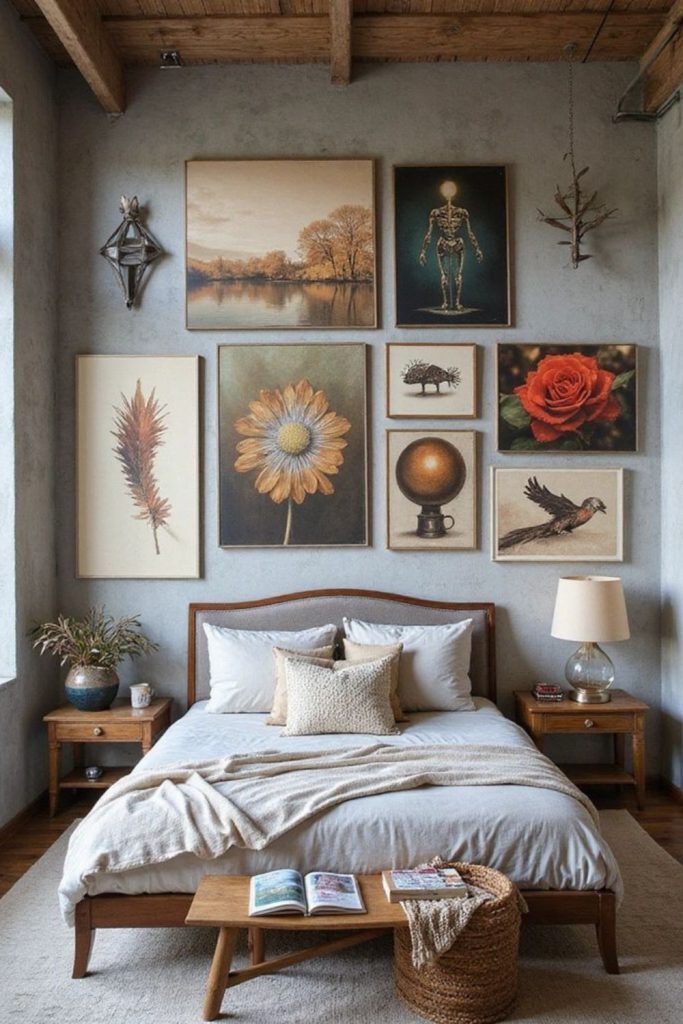 Artistic bedroom showcasing colorful gallery wall.