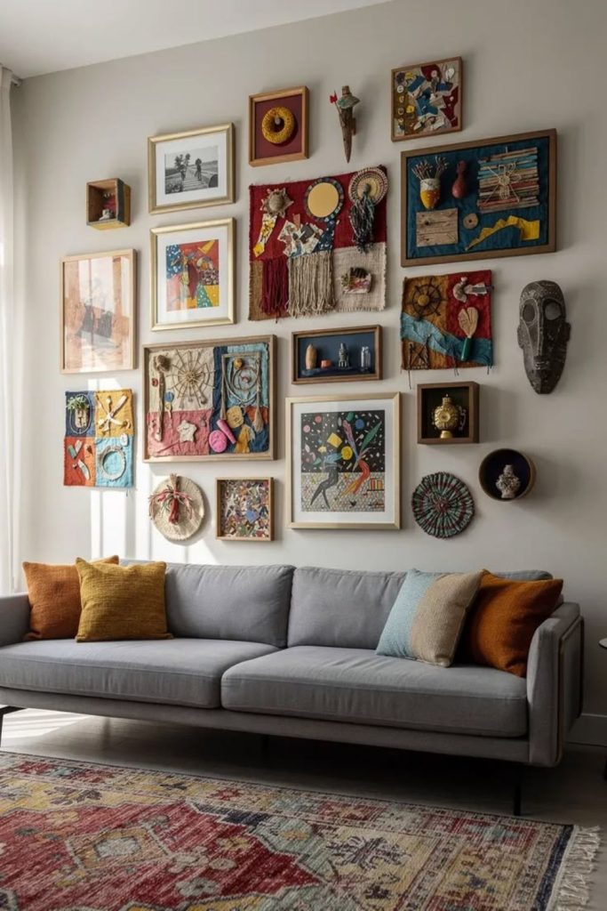 Colorful wall art above modern sofa.
