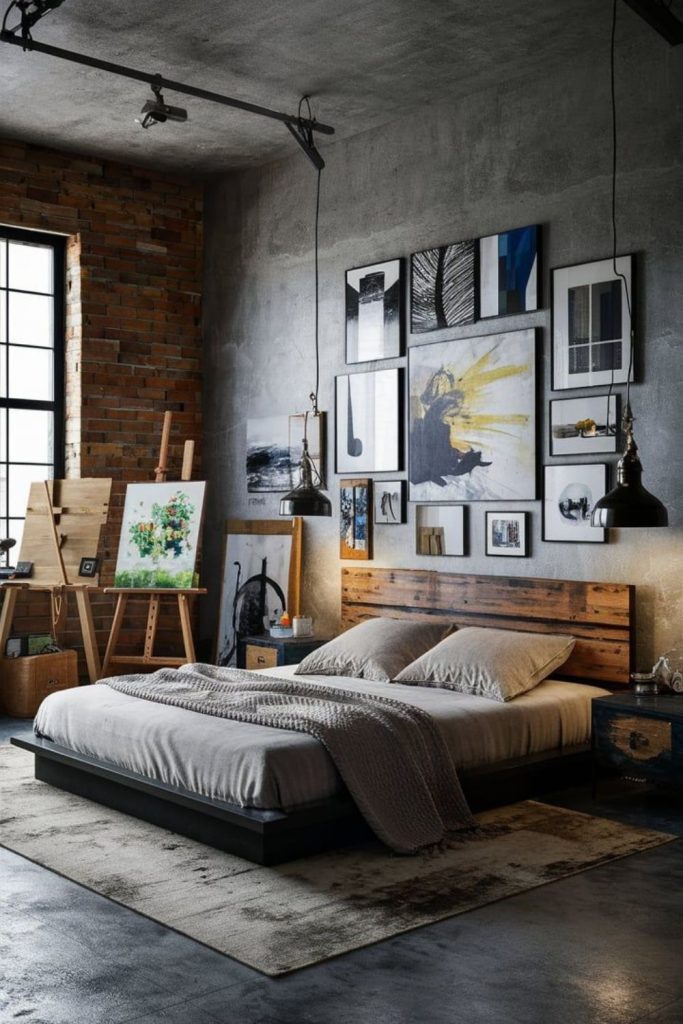 Creative loft bedroom with artwork.