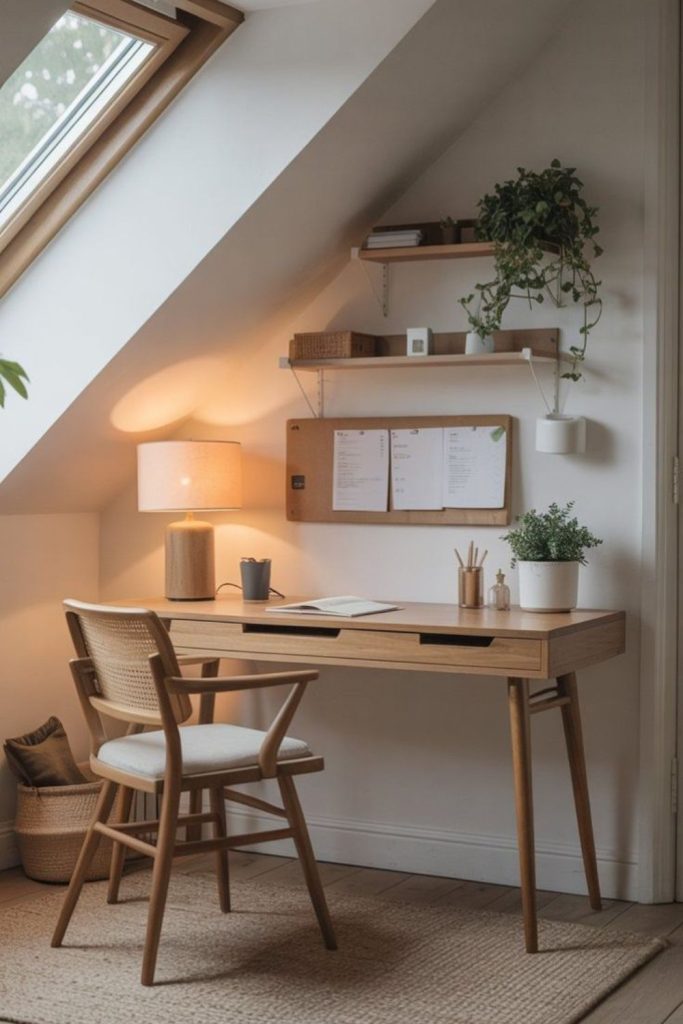 Attic bedroom desk beneath sloped ceiling.