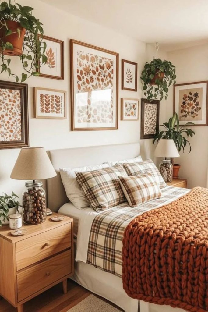 Autumn artwork bedroom gallery wall.