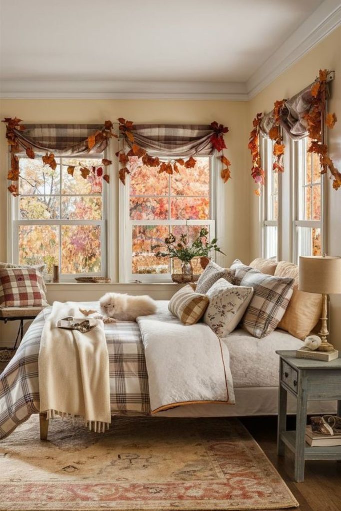 Cozy autumn bedroom window nook.