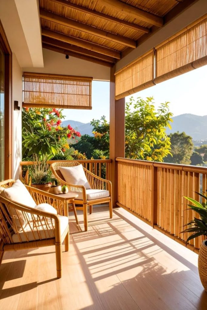 Bamboo privacy bedroom balcony with greenery.