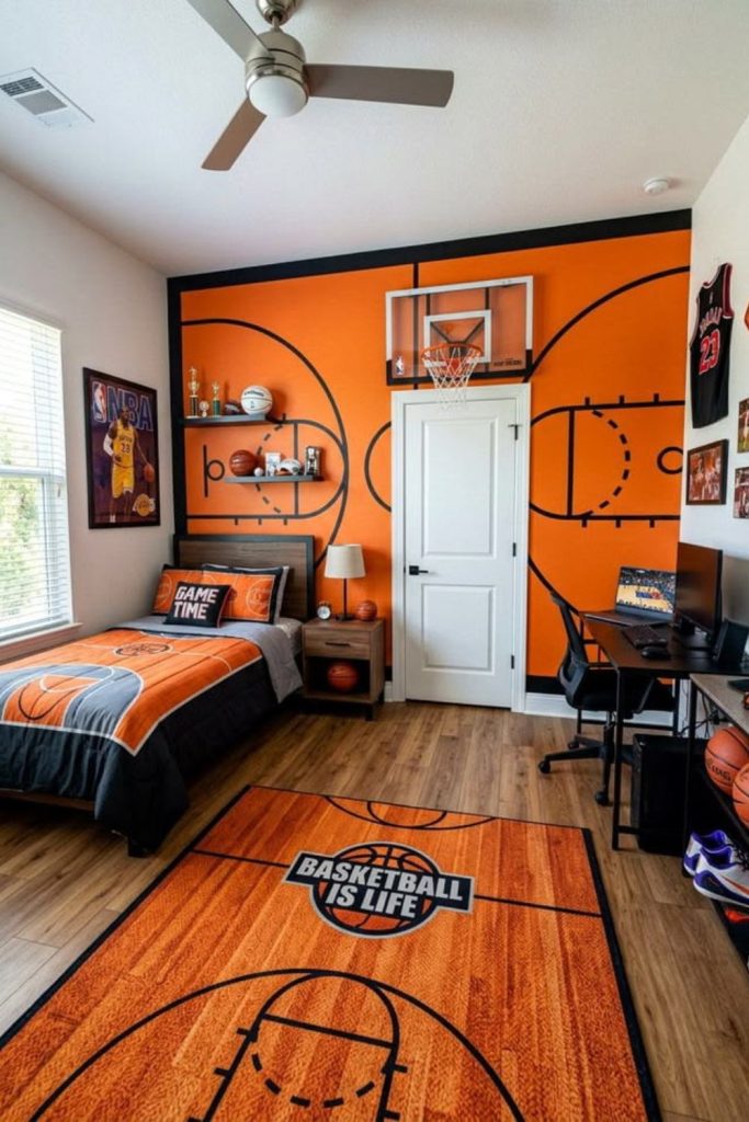 Basketball-themed college dorm room style.