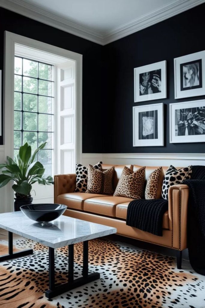 Black accent cheetah stylish living room.