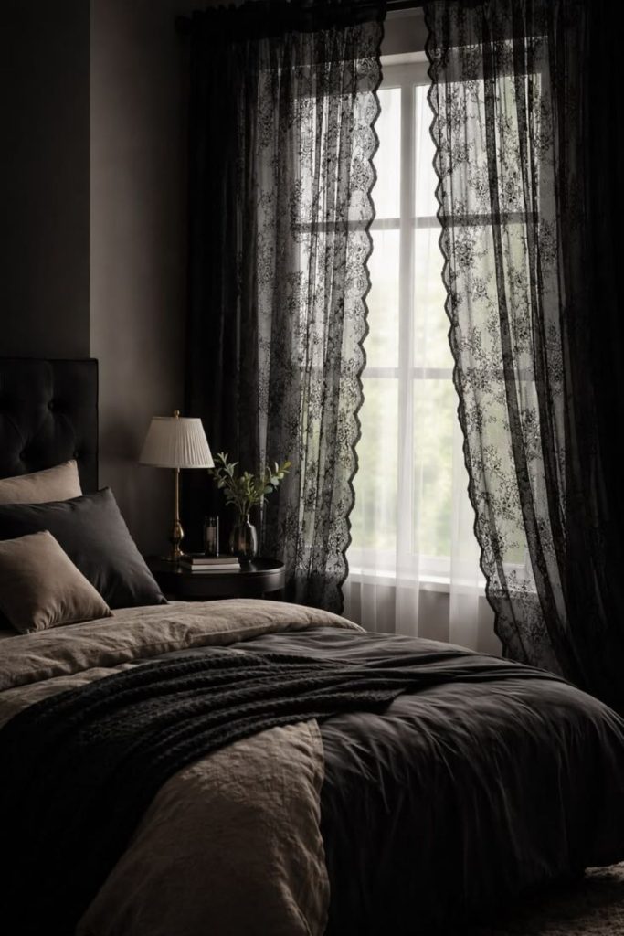 Romantic black lace Nouveau bedroom interior.