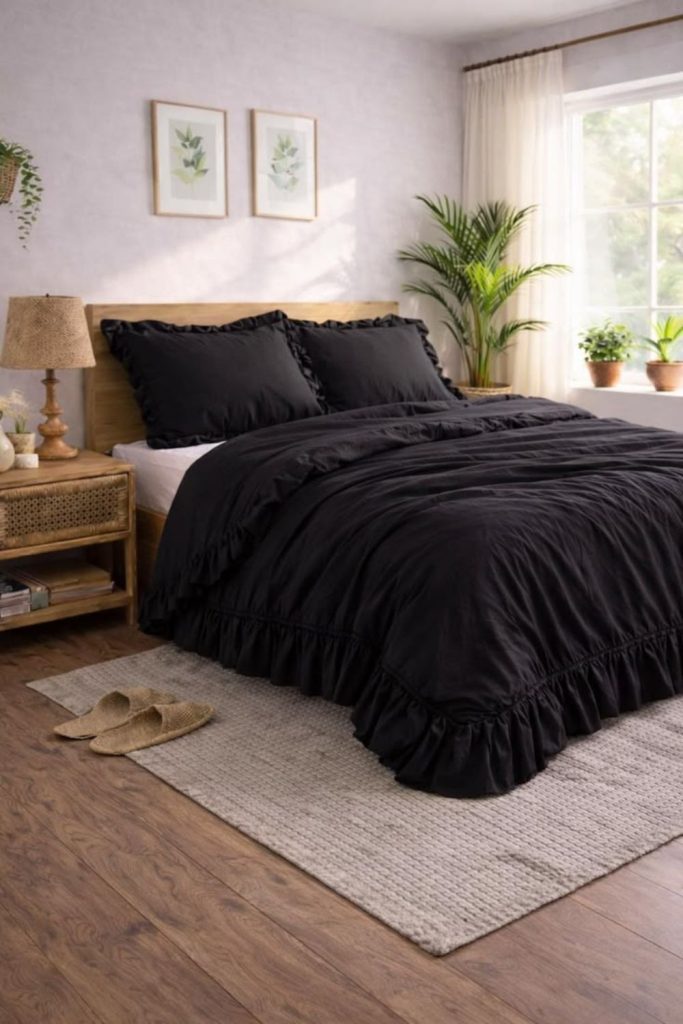 Modern black linen bedding minimalist style.